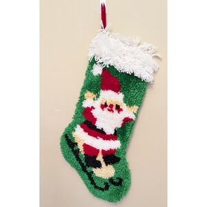 Vtg Latch Hook Yarn Shag Christmas Stocking 22" Handmade Santa Sled Retro